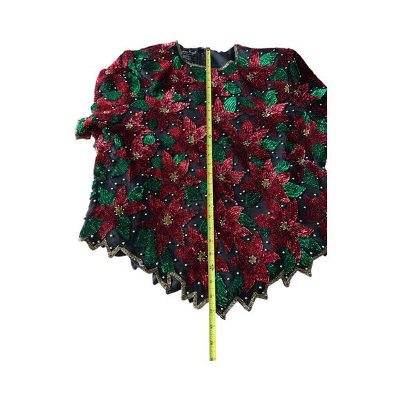 VTG Laurence Kazar 2X Silk Beaded Sequin Poinsettia Christmas Top Blouse - Picture 4 of 7
